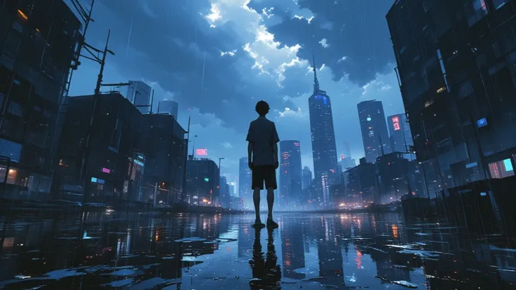 1boy,standing,  walking, rain, lookup the sky,lyh_private,sparkling rain,Big Clouds, The City Seen in the Distance ,  Dark Sky  ,downpour,Heavy Rain,Close-up of a person,In the city,Buildings,Back view of a sparkling puddle ,Close-up of a person