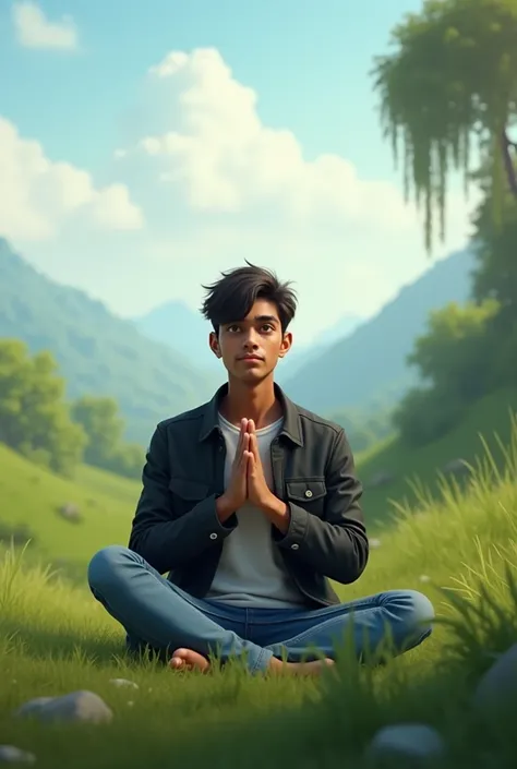 Person praying in a beautiful, serene landscape one boy 21 years old and wearing blue denim jeans and black jacket danam with straight hairs fair tone hope in eye Indian boy