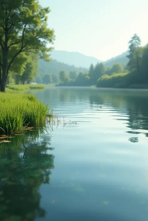 The surface of the lake ,  is as flat as a mirror ,  with only gentle waves lapping against the green grass