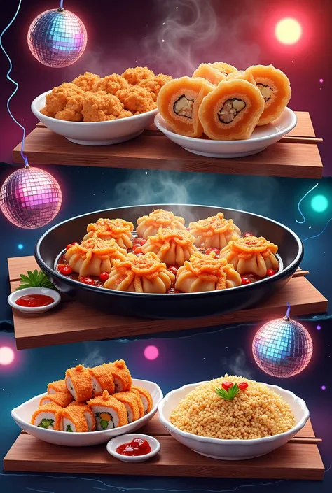 MAKE A COLLAGE OF IMAGE OF AN ASIAN FOOD DIM SUM , SUSHI AND FRIED RICE WITH RETRO DISCO THEME AND DISCO BALL with multiple images in 2d 