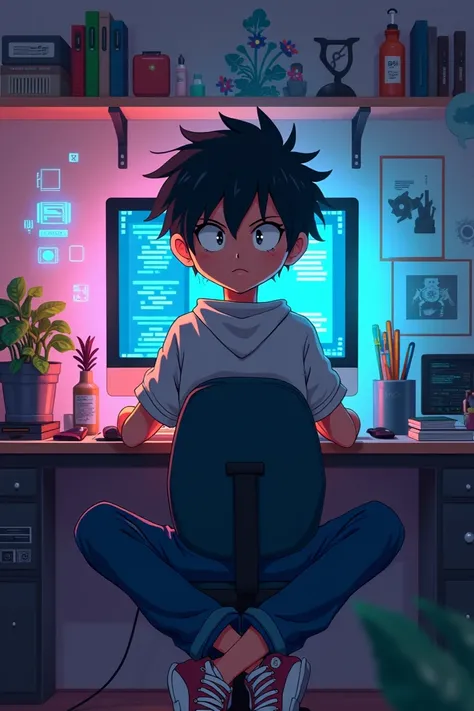 Anime de geek sur son pc les jambes croisées 
