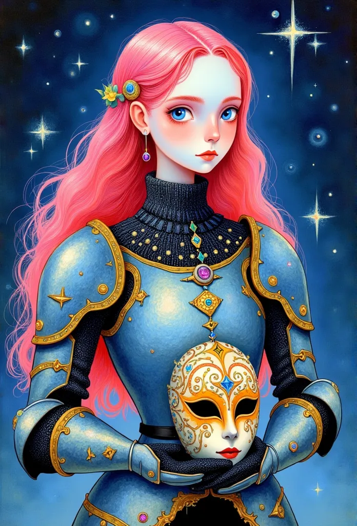 a beautiful young woman in knight armor , holds a venetian carnival mask in his hands,   jewelry  , beautiful armor,  pink hair,...