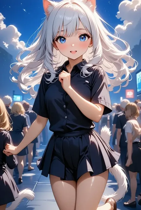 １  girl , Anime cat girl ,  Her eyes are big 、  I was full of curiosity ,   She looked excited and happy to see me, beautiful cat eyes  , ((( pure white wavy hair ))),   blue eyes , good picture,  anime 2D , 2D,   beautiful hands, Good move., 4K, 8k, ２０Yea...