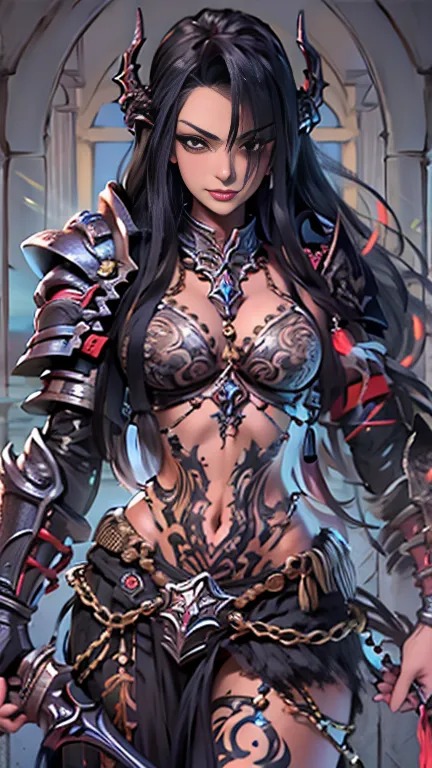 create a hyper detailed photograph of a tattoos young sexy female berserker deathknight, stunningly perfect gorgeous soft femini...