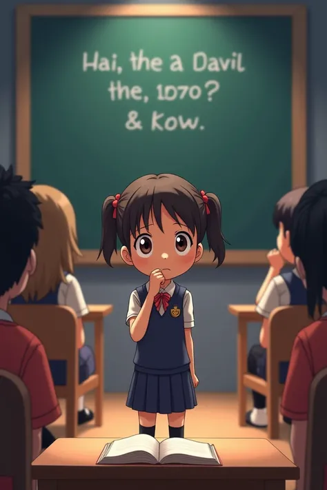 background:  Race stage with a blackboard displaying questions .  Backstage ,  looks the audience is still enthusiastic .
 Figure : Gita ,  girl with her hair in two pigtails , standing on stage, wearing a uniform with a still slightly tense face , but had...