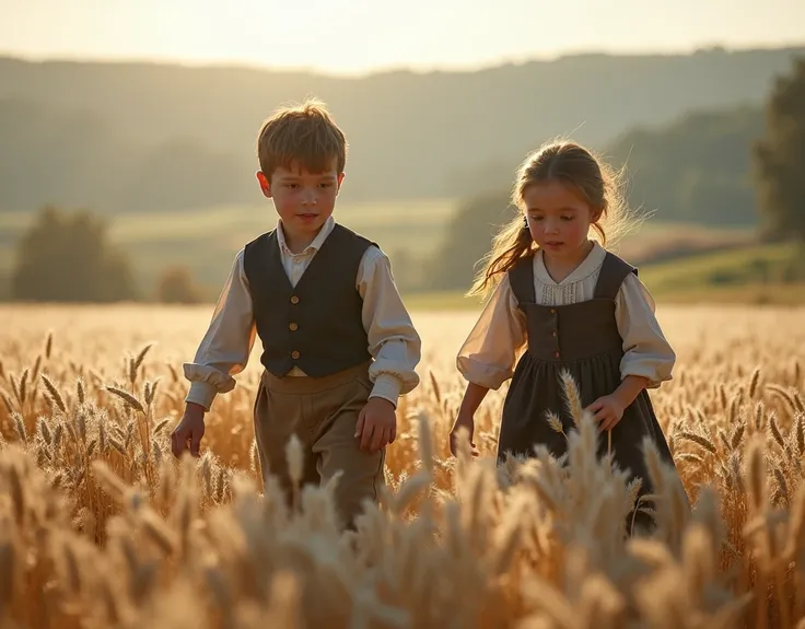 Realistic, theme is "Pastoral", European countryside in the 1800s, a brother and sister who are still ren treading wheat on a cold winter morning, their breath turns white in the cold air, frost is on the ground under their feet, the beautiful sight of a y...