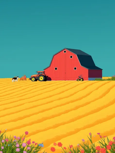 (Modern countryside, vibrant colors, and clean geometry)
A modern rural landscape featuring a golden wheat field with precise, geometric rows, glowing under a deep blue sky. A striking red barn stands at the center, surrounded by patches of vibrant wildflo...