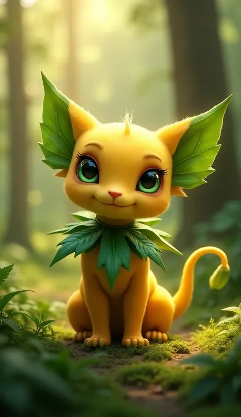 Create a fantastical creature in a magical forest setting. The creature should have a smooth, golden-yellow body with large, expressive eyes and a curious expression. Its ears and wings should resemble vibrant green leaves, intricately detailed to mimic re...