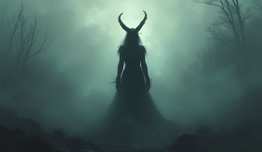 heavy fog , dark environment, Shadow of a horned woman holding a ,  impressionist painting style 