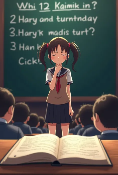 background:  Race stage with a blackboard displaying questions .  Backstage ,  looks the audience is still enthusiastic .
 Figure : Gita ,  girl with her hair in two pigtails , standing on stage, wearing a uniform with a still slightly tense face , but had...