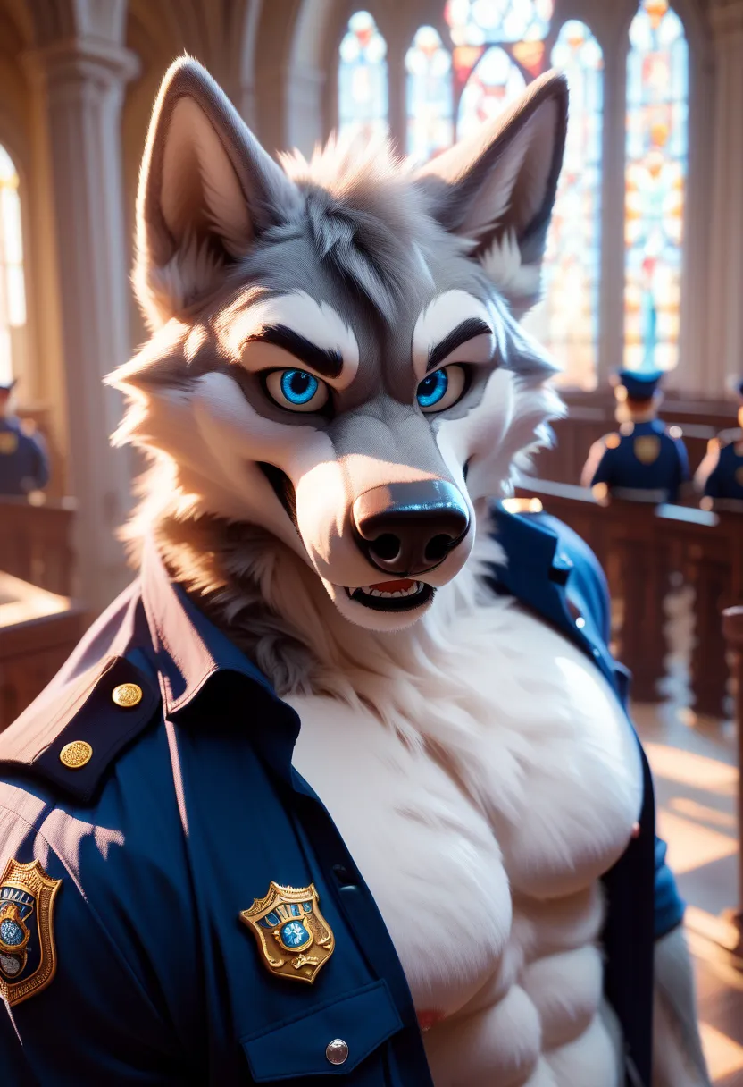 anthro wolf, looking the viewer, police, mansion