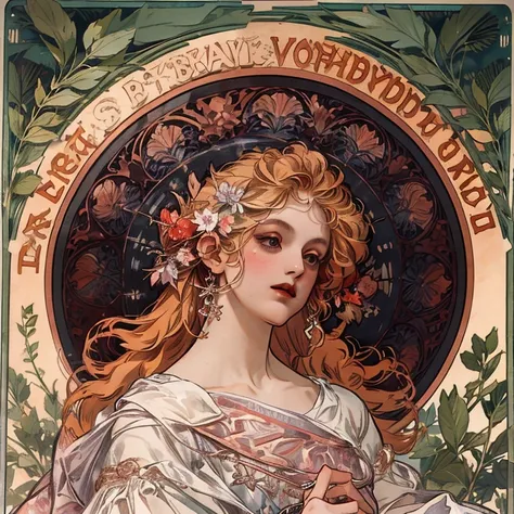  high definition , masterpiece,  1 girl, Long Hair,  wavy hair、Many flowers surround a girl 、優しい色合い,  Alphonse Mucha, Decadent