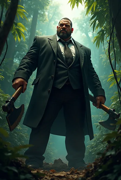 Big fat mafius man with a power saw and another hand of an axe in the jungle