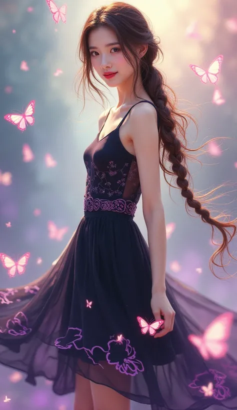  photography Beautiful Korean distance woman with brown hair style to merahan in wavy random braids.  wears a sleeveless tunic ,  with a knee-length shirt .  Elegant dress in black with random motifs in bright purple .  and her smooth white skin wears red ...