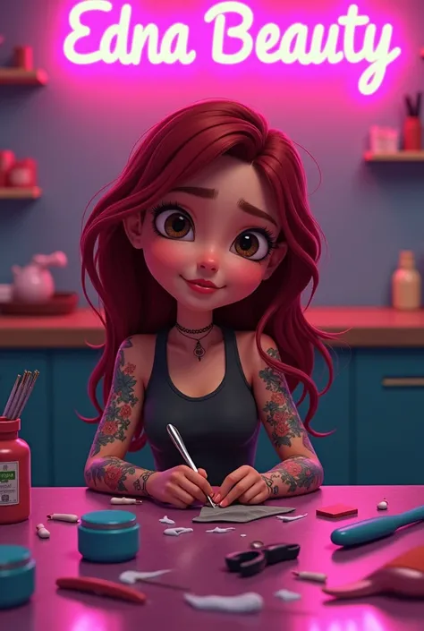 Pixar cover of a lashista girl who shaves eyebrows with loose burgundy red hair, brown eyes, black lenses, arms tattooed in color on a table with her work tools such as tweezers, wax for depilation with a sign that says Edna Beauty in LED lights pink backg...