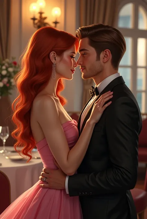 Red-haired woman in romantic pink dress , posing face to face for a photo with a brown-haired man without a beard. realistic, Detailed. In the background of an elegant restaurant.