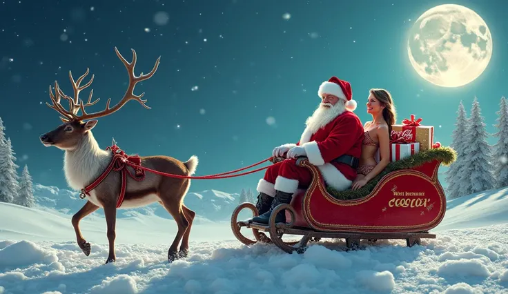 Image that expresses the magic of Christmas, Hyperreal, gifts, sensual women, Santa Claus,  Reindeer and sleigh, saco de gifts, coca-cola , Polar courses 