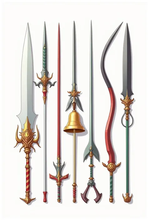 ((( best quality))), (((masterpiece))),  Weapons to be included in the weapon encyclopedia, let them all appear on the screen,anime weapon, Weapon Design, White background , sharp lines,  long stick,  cute style, christmas, Make the bell , Golden bell , He...