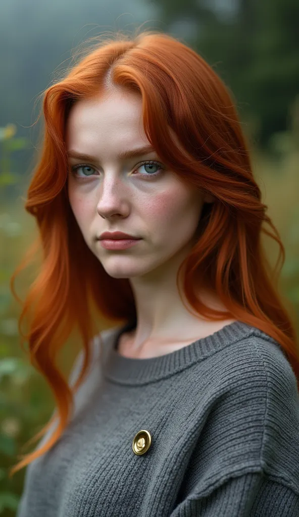 a close-up portrait of a young woman with long, wavy red hair. she is wearing a gray sweater with a gold button on the chest. the woman is looking directly at the camera with a serious expression on her face. it appears to be an outdoor setting with trees 