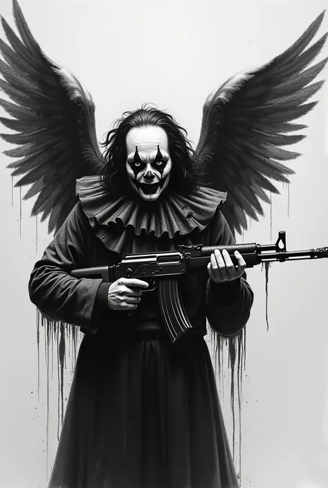 Black and white clown angel drawing with an Ak 47 rifle 