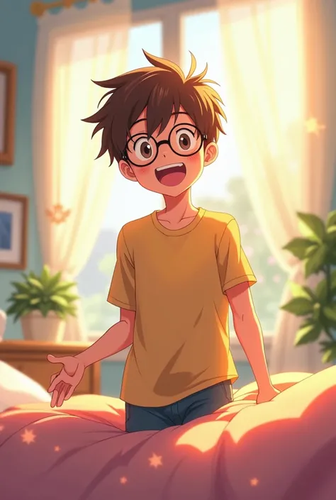 Brown college boy with glasses waking up in the morning happy ANIME STYLE 