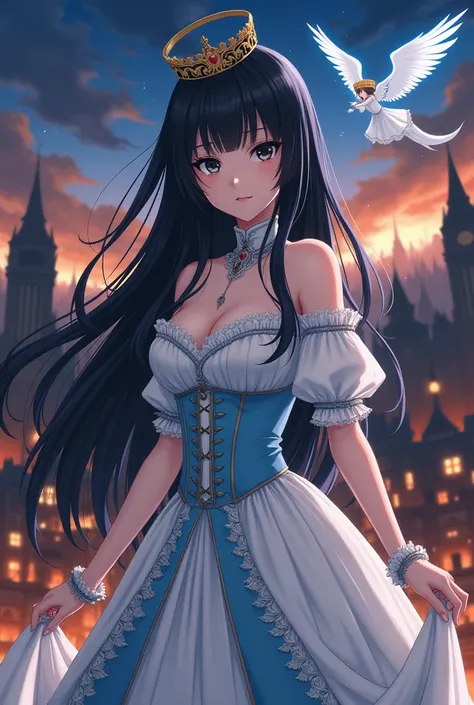 anime,  Beautiful woman,  long black hair, shiny eyes color black, serious face,  white Victorian dress with light blue details,  right hand down holding a golden crown, Victorian city destroyed and on fire , an angel and a dragon in the sky fighting, nigh...