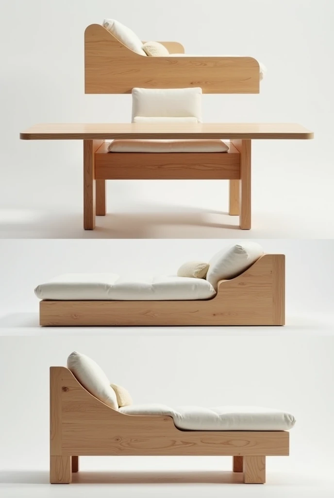 Wooden product that has three functions where you can assemble them to sit as if it were a chair another for table and go to bed 