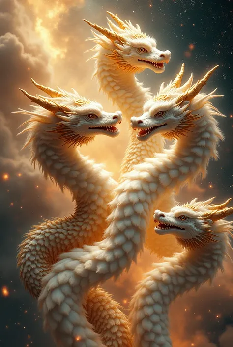 masterpiece,  best quality,Japanese Dragon God、 golden dragon and white dragon 、Black Dragon、Qinglong、The red dragons ５ dragon gods 、 have a fluffy coat 、Sparkling eyes、The background is space、 smiles gently、Long and slender body