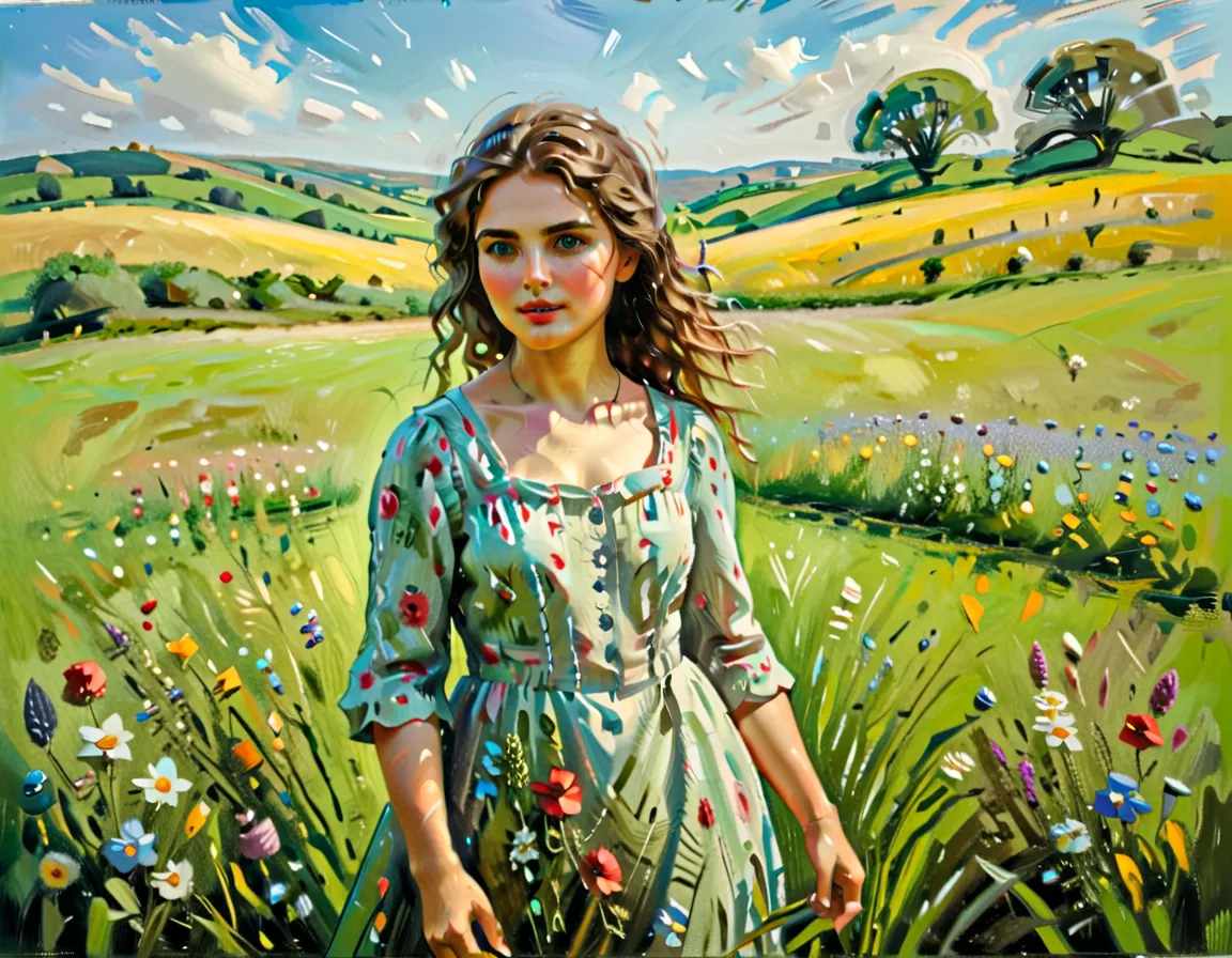 a pastoral idyll, a serene countryside scene, 1girl, a young woman in a floral dress standing in a lush green meadow, surrounded...