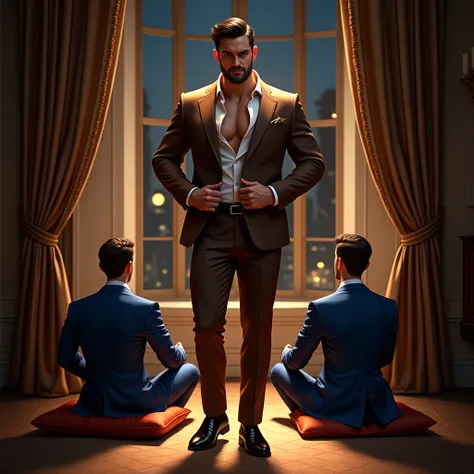 Attractive man with a large build ,  wearing a brown suit, translucent socks and black shoes ,  entering an elegant and brightly lit room with windows showing the city at night ,  while unbuttoning his shirt and two young men in black and royal blue suits ...