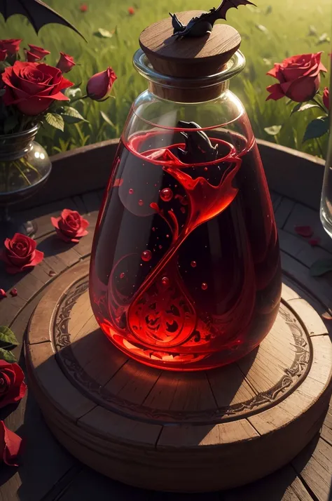 a bat in a glass potion bottle, slightly red, in the grass, moonbeam, alchemical setting, red rose blossom, highly detailed, cinematic lighting, vampire, blood, photorealistic, intricate details, vibrant colors, magical atmosphere, fantasy art, conceptual,...