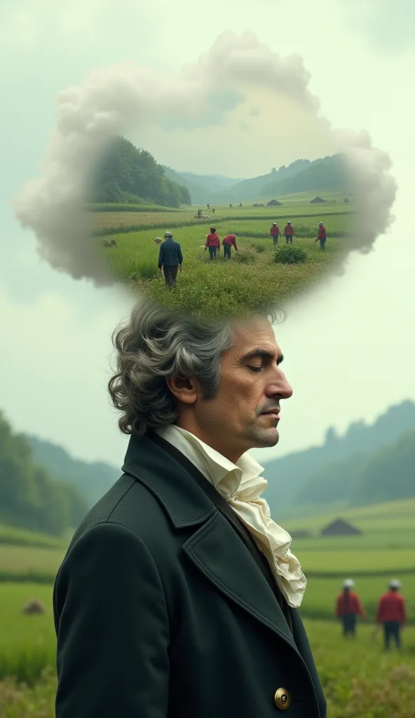 The theme is "Pastoral". 3D animation. German composer Beethoven closes his eyes and is lost in thought. A hazy white cloud rises above his head, and a peaceful rural landscape is depicted within the white cloud. Farmers working happily are depicted as if in a multiple exposure. 8K quality.