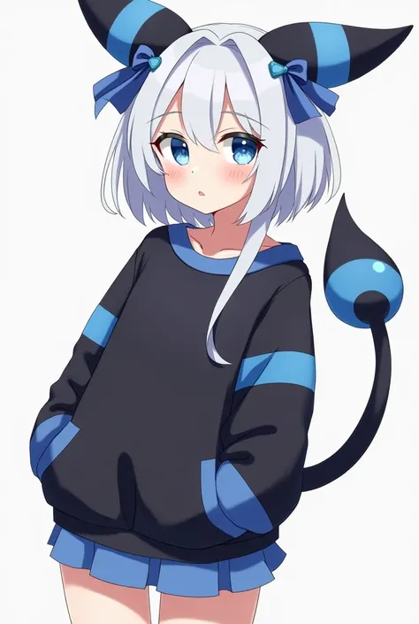 a human anime-style girl with blue eyes and white hair who has Umbreons dark ears and tail and Sylveons ribbons wearing a black and blue sweatshirt and skirt. Showing her nipples and butt 