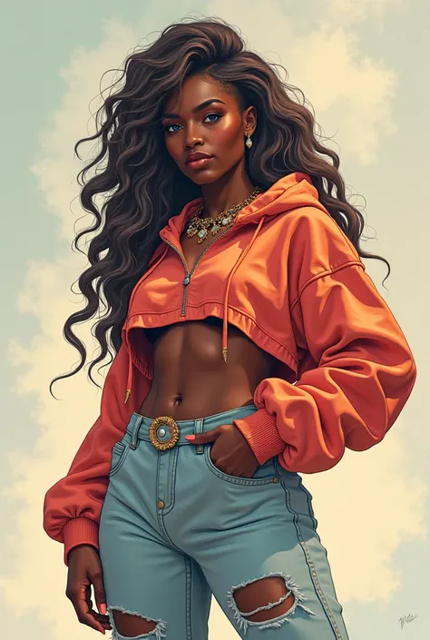 This is a highly detailed digital illustration in a fantasy style(obra-prima sci-fi), (best qualityer), (ultra detali), (fully body: 1.2) nsfw black girl, crop sweatshirt open at the front, Torn pants, (no blouse), pose natural de fully body, clear smile, ...