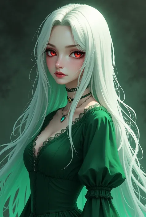  Draw for me a woman ,  a vampire draw her in ANIME version ,  she has long white hair with greenish tips,  she wears a green Victorian-era dress , She has burgundy eyes , And a serious face 