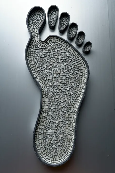 The logo of the imprint of a foot ,  with five toes seen from the silver of the foot, formed by mosaic 