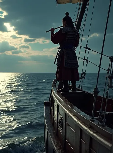 Recreate me this general Samuray playing the flute from afar standing on the bow of the ship 