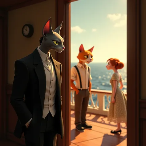 "A 3D Pixar-style anthropomorphic scene featuring Richard, a sleek gray cat with short black hair and piercing green eyes, standing in the shadows of a luxurious 1920s ocean liner. Richard wears an open black blazer over a crisp white shirt, exuding power ...