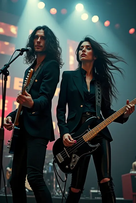 a handsome man and a beautiful woman, black hair, wearing black rocker style suits playing a guitar and bass guitar, are on a magnificent stage with a big banner that says "F B I HEAVY METAL", very good lighting, very detailed, very realistic, uhd 8k