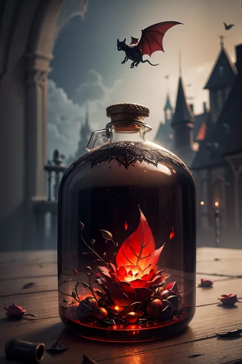 a bat in a glass potion bottle, slightly red, in the grass, moonbeam, alchemical setting, red rose blossom, highly detailed, cinematic lighting, vampire, blood, photorealistic, intricate details, vibrant colors, magical atmosphere, fantasy art, conceptual,...