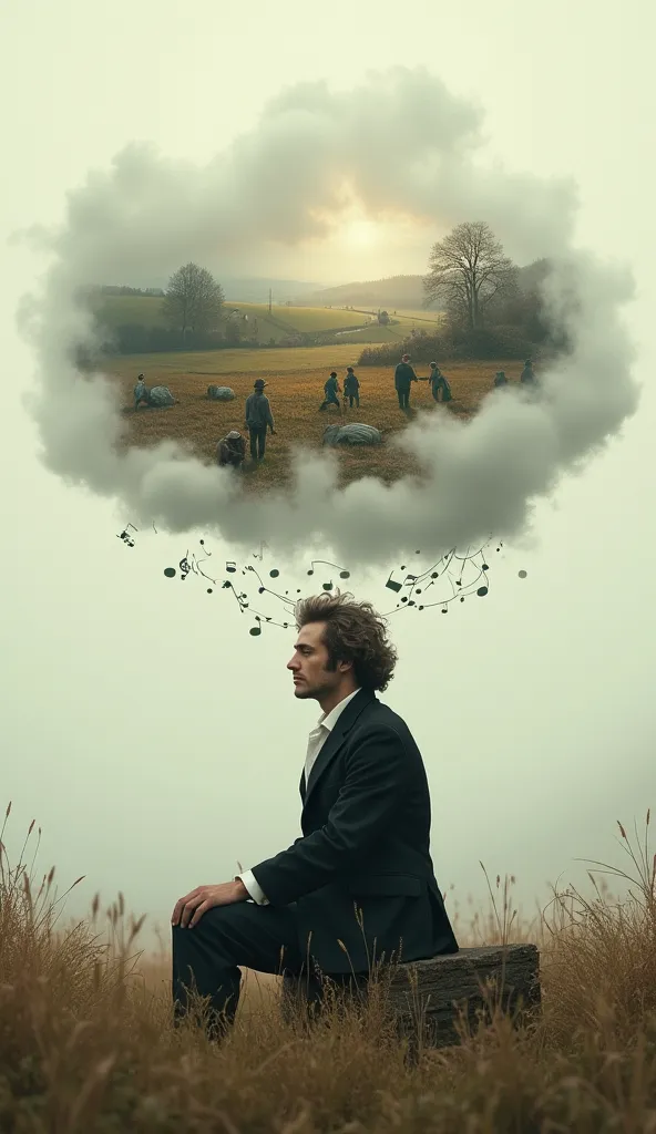 The theme is "Pastoral". 3D animation. German composer Beethoven closes his eyes and is lost in thought. A hazy white cloud rises above his head, and a peaceful rural landscape is depicted within the white cloud. Farmers working happily are depicted as if in a multiple exposure. Musical notes swirl around Beethoven in a spiral. Surrealism. 8K quality.