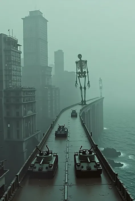  , modern building city with fog , Gray air ,  collapsed buildings ,  and an ocean with no end in sight  ,   a long two-lane bridge with no visible end connected to the road in the middle of the ocean  , ,  Abnormally thin skeletal monsters the size of a b...