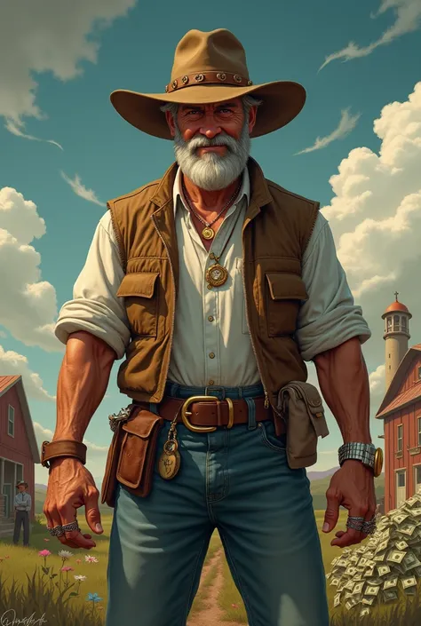  A sturdy farmer ,  in simple clothes ,  but sporting luxury accessories , like an expensive watch ,  rings and a stylish hat .  He is on a large farm ,  surrounded by visible riches ,  like piles of money and high-quality agricultural equipment .  His gaz...