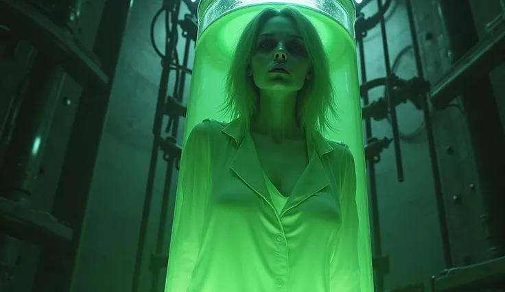 adult undead female in huge test tube filled with green liquid. creepy dystopian horror aura