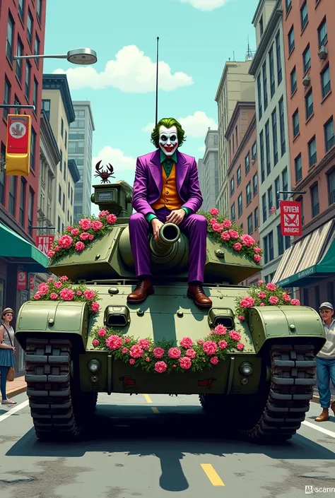 Comic style.A tank decorated with flowers stands in the street. Joker sitting on the front with a scorpion
