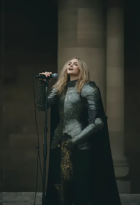  A warrior Ada dressed in medieval armor with the image of the Sagittarius horoscope on the front, The ada has blond hair and has a microphone in action to sing 