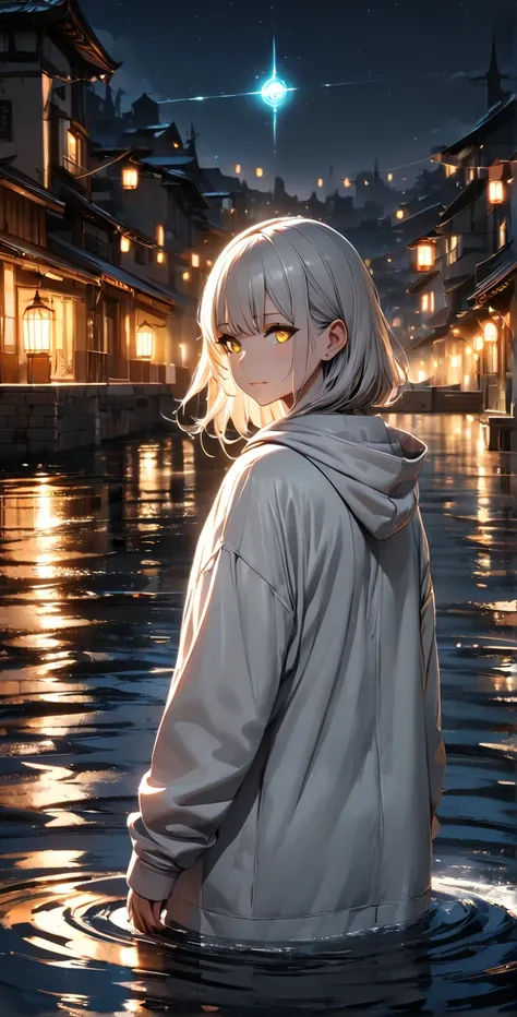 (Masterpiece, high quality, high detail, 4k, 8k, highres, rtx, high resolution:1.2), triangle portal to other world, night, glowing light, backlight, water surface, water, in the middle of lake, 1girl, overcoat : hoodie, white shirt, long shirt, black and ...