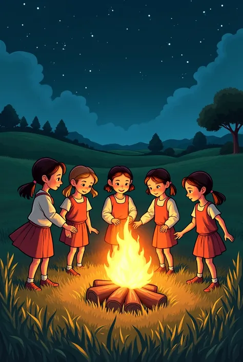 generates a comic-like image of the following information: a field with a group of peasant girls between 9- playing with a yellow light like a fire at night 
