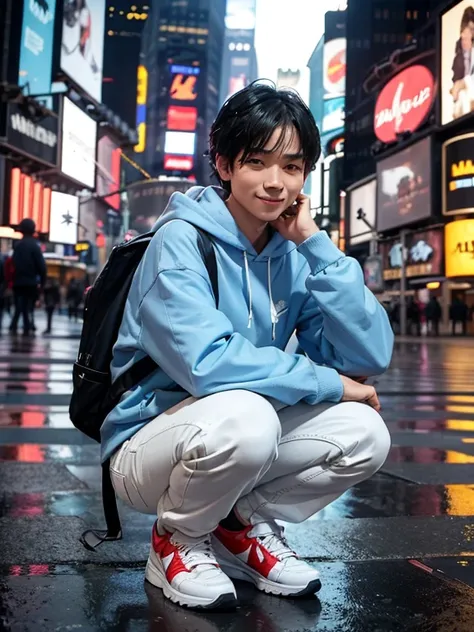 An Indonesian man, smiling, ((squatting on the sidewalk of Times Square New York City)), black hair, short hair, (wet hair), white "Off-light blue" hoodie, backpack, light blue jeans, high-top sneakers White Nike Air Jordan, (side pose) bokeh background, d...