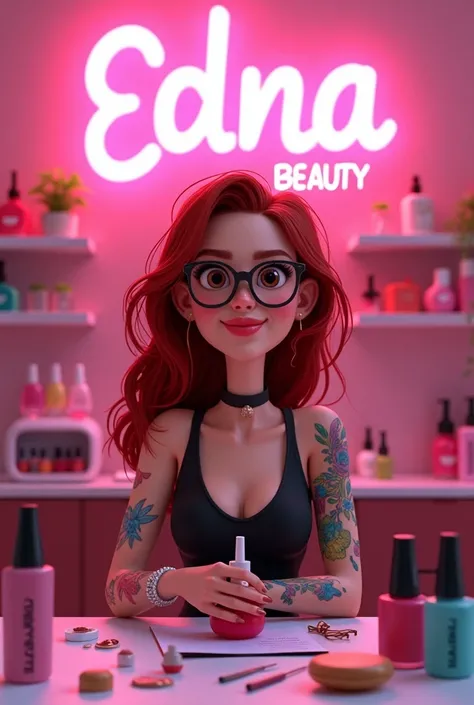 Pixar cover of a manicurist girl with loose burgundy red hair, brown eyes, black lenses, arms tattooed in color on a table with her work tools, lots of nail polishes and having one in her hand with a sign that says Edna Beauty in LED lights, pink backgroun...